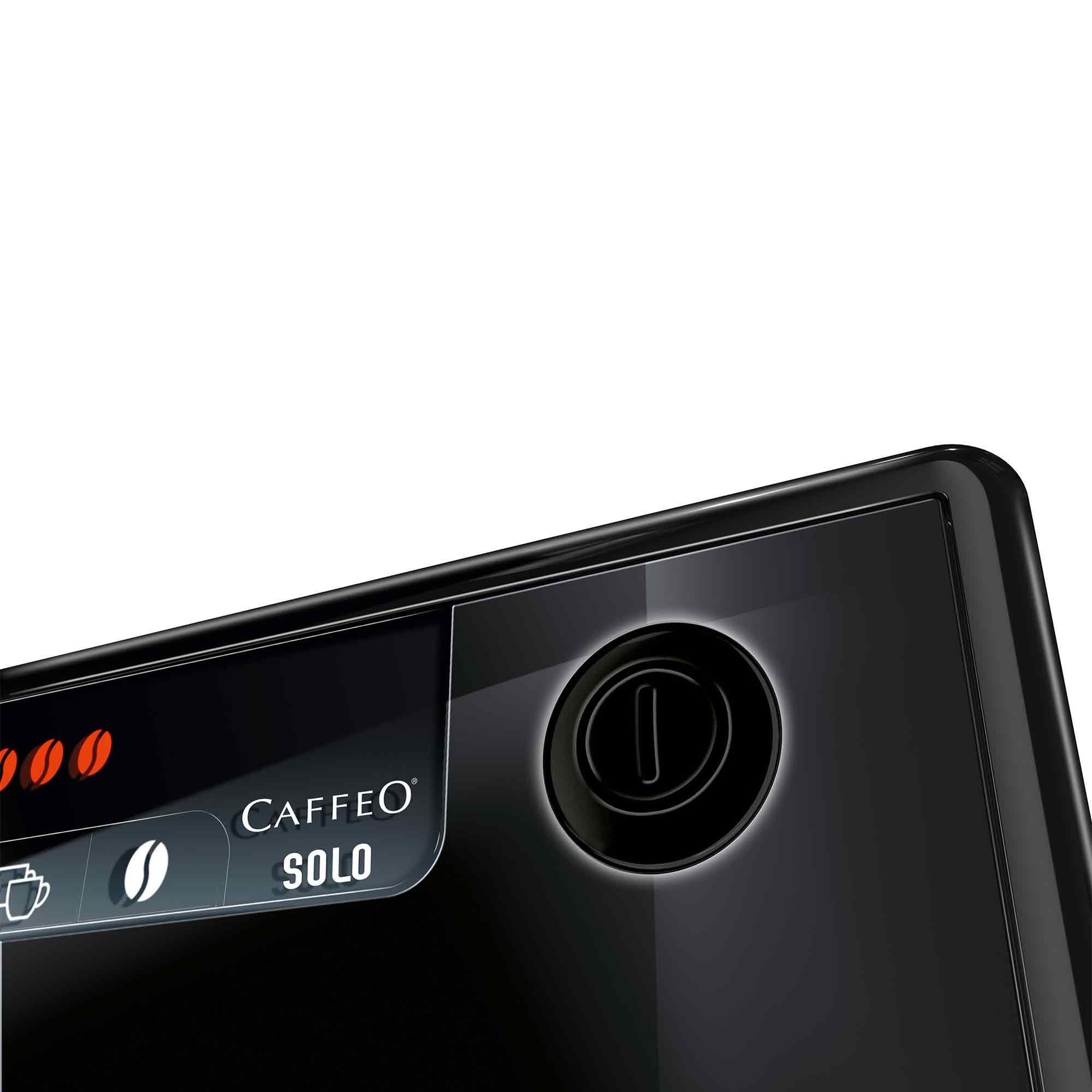 Close-up van de zwarte Melitta Caffeo Solo koffiemachine met aan-uitknop.