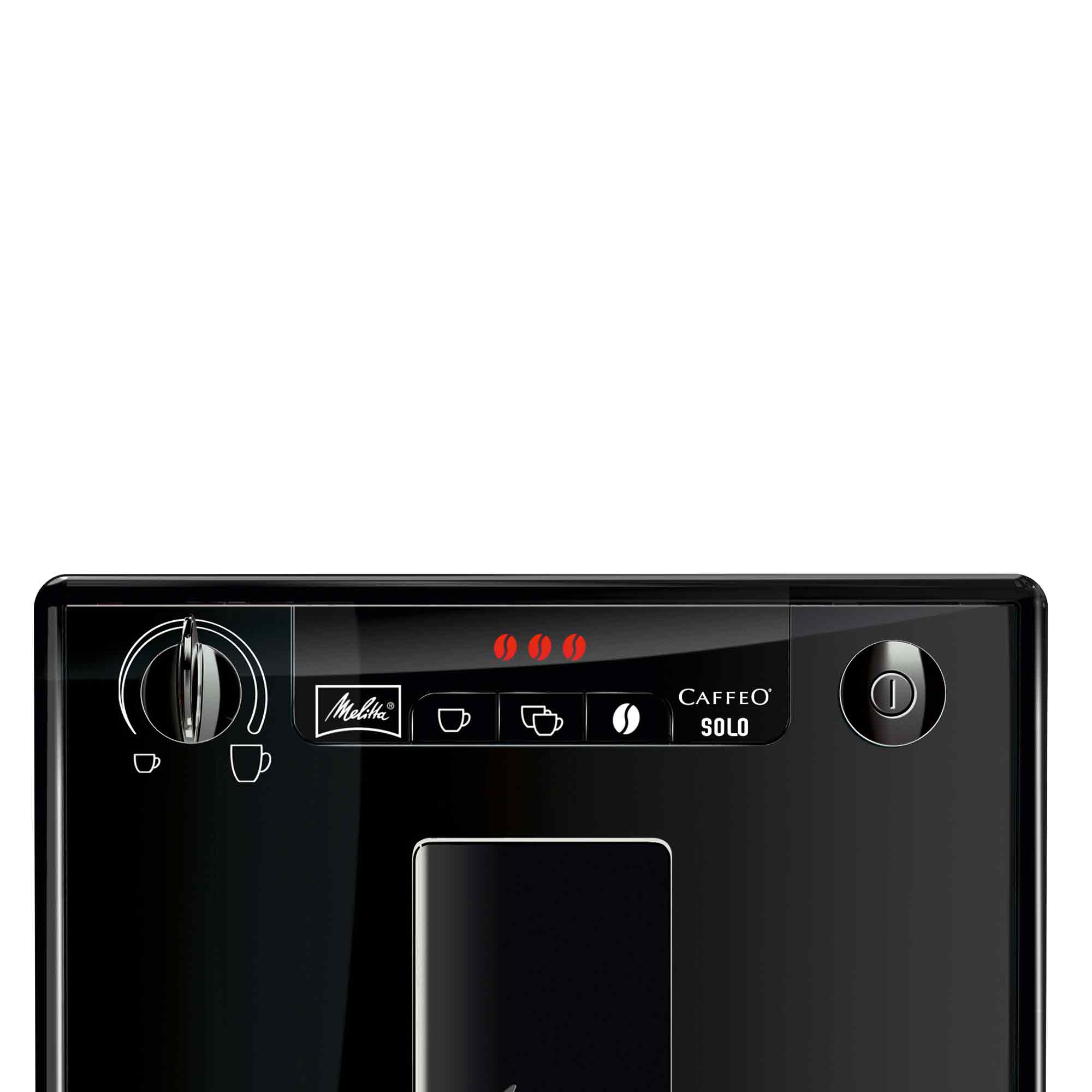 Vooraanzicht van een zwarte Melitta Caffeo Solo koffiemachine met bedieningsknoppen en display.
