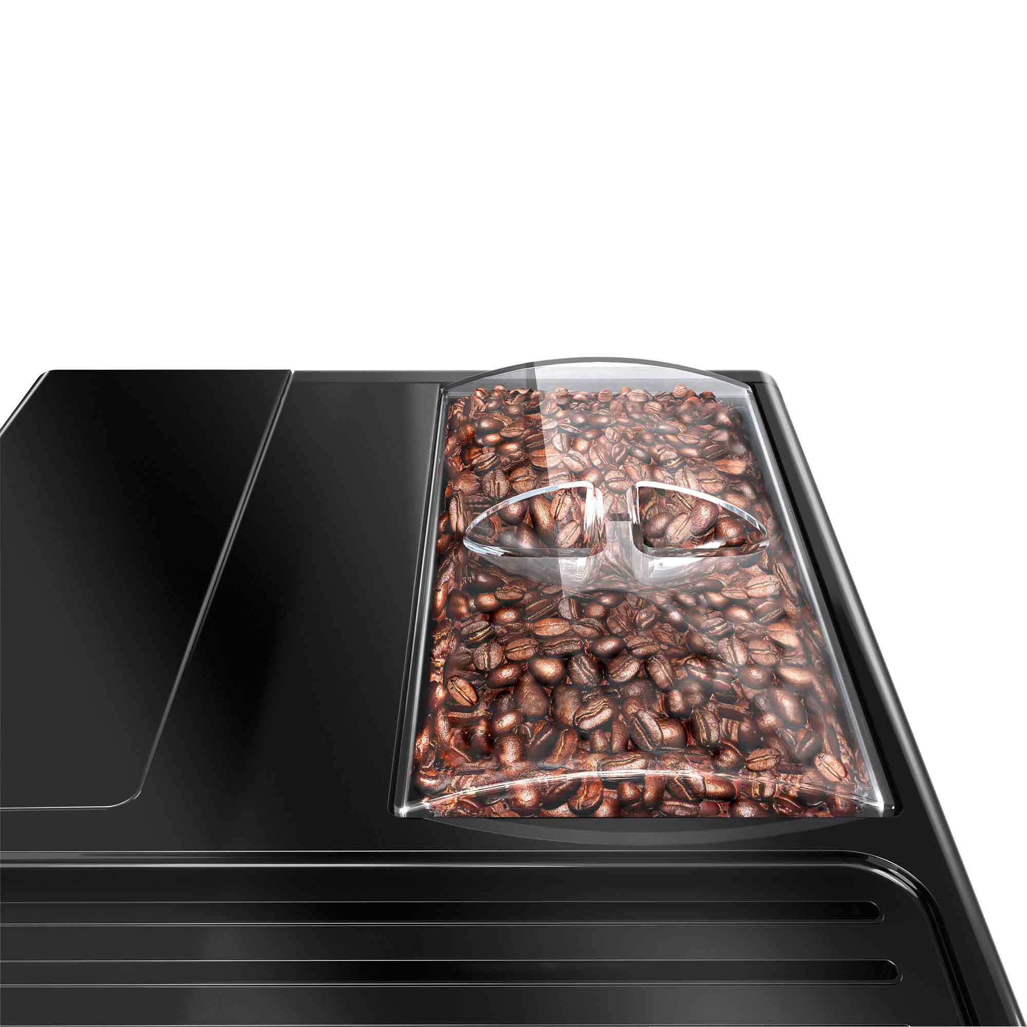 Koffiebonen in het doorzichtige reservoir van een zwart koffiezetapparaat.