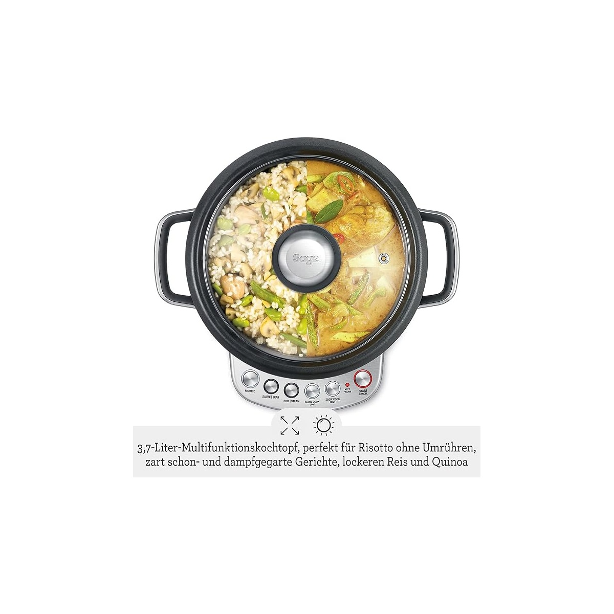 Vista dall'alto di un multicooker Sage con riso e curry, pulsanti di controllo e descrizione in tedesco sotto.