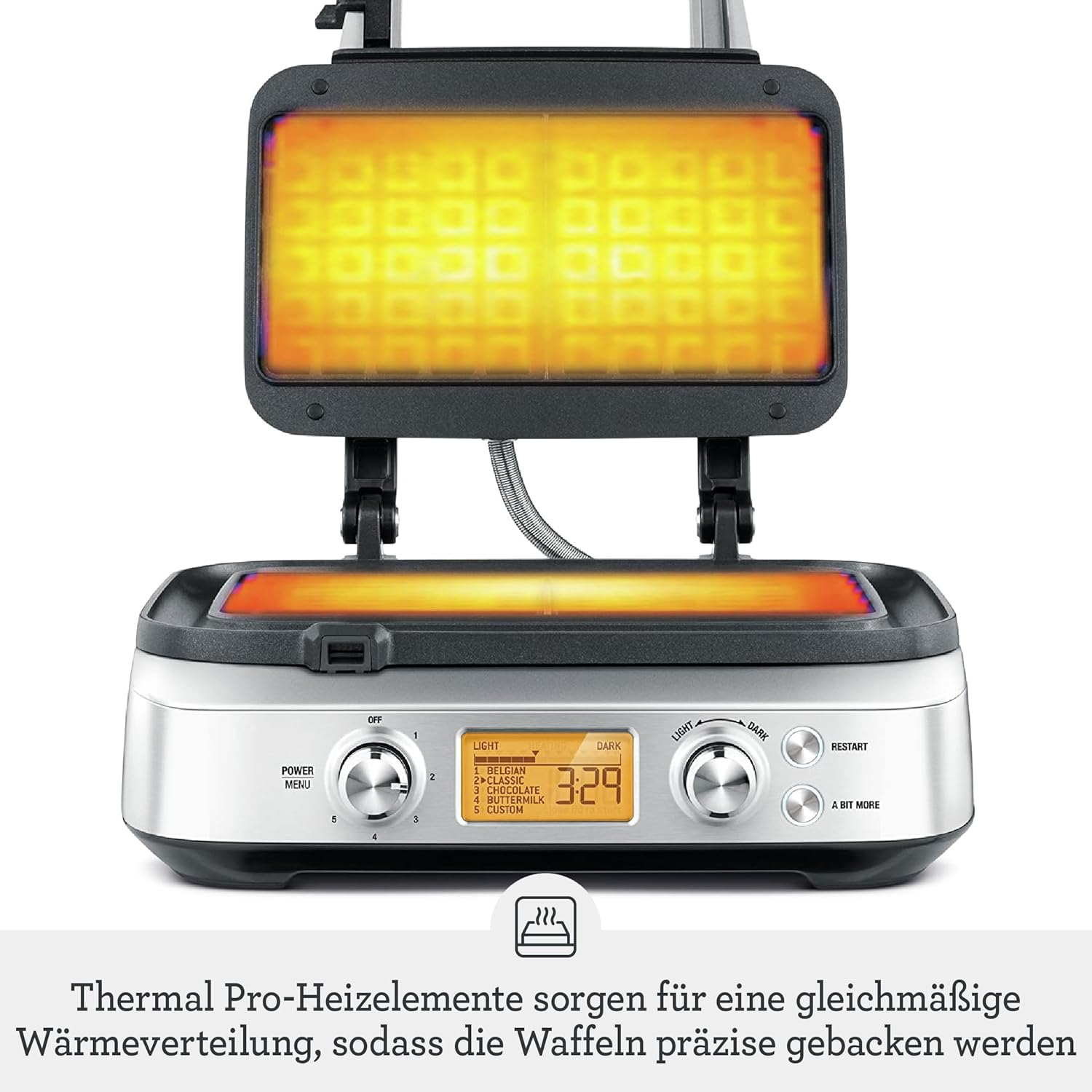 Piastra per waffle con coperchio aperto, display digitale e grafico di calore.