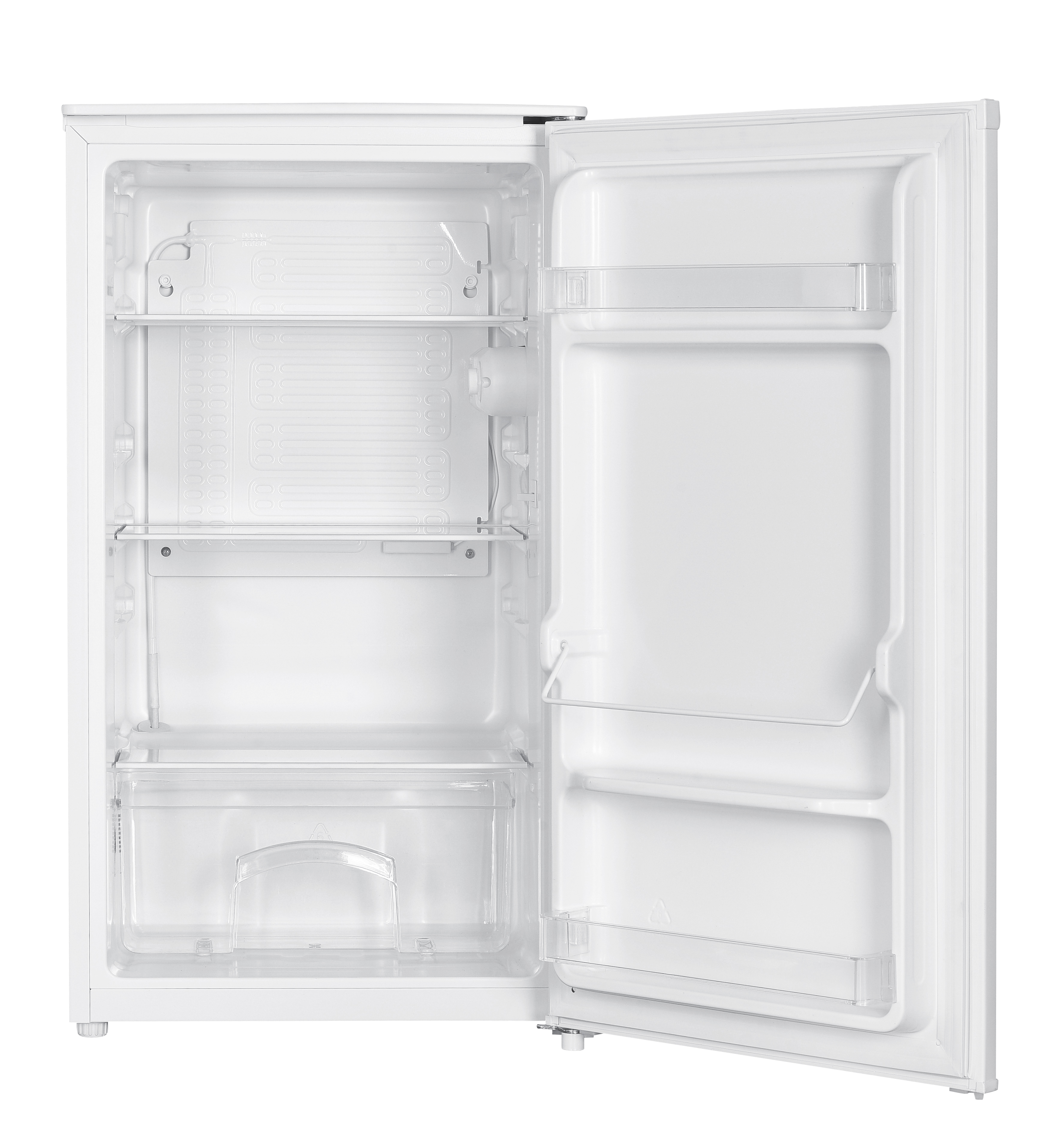 Un mini réfrigérateur blanc ouvert et vide avec des étagères en verre et des balconnets.