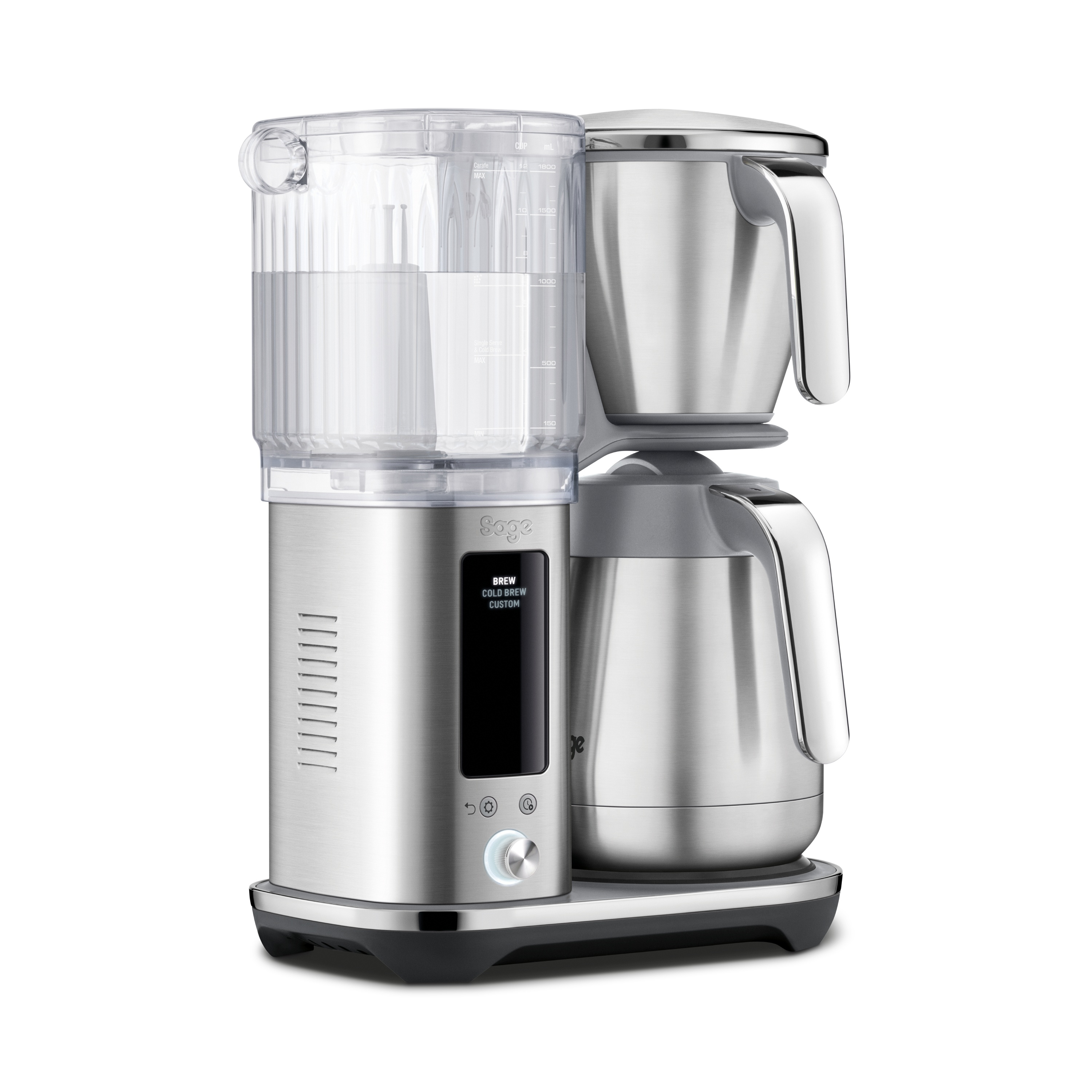Una macchina da caffè a filtro Sage argentata con serbatoio trasparente, display digitale e caraffa.