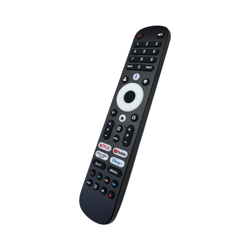 Netflix gibi akış servisleri için rakamlar, navigasyon ve hızlı başlatma tuşları içeren siyah uzaktan kumanda.