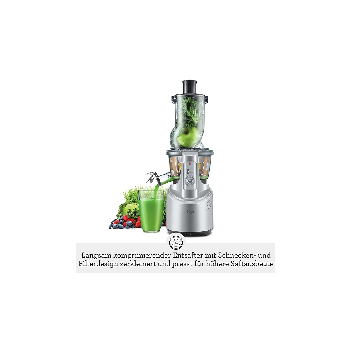 Un estrattore di succo argento versa succo verde in un bicchiere, circondato da frutta e verdura fresca su sfondo bianco.