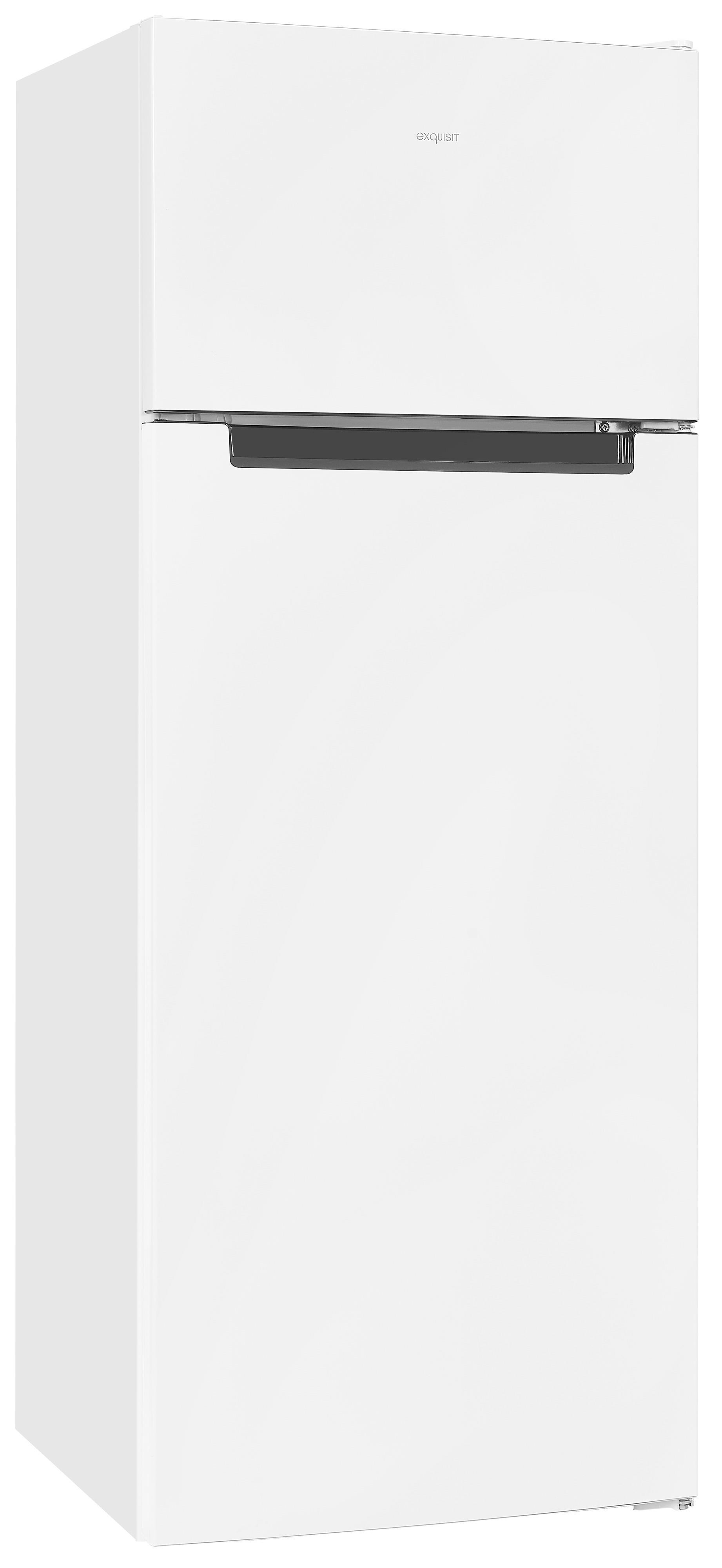 Ein weißer Exquisit-Kühlschrank mit einem Gefrierfach oben auf einem weißen Hintergrund.