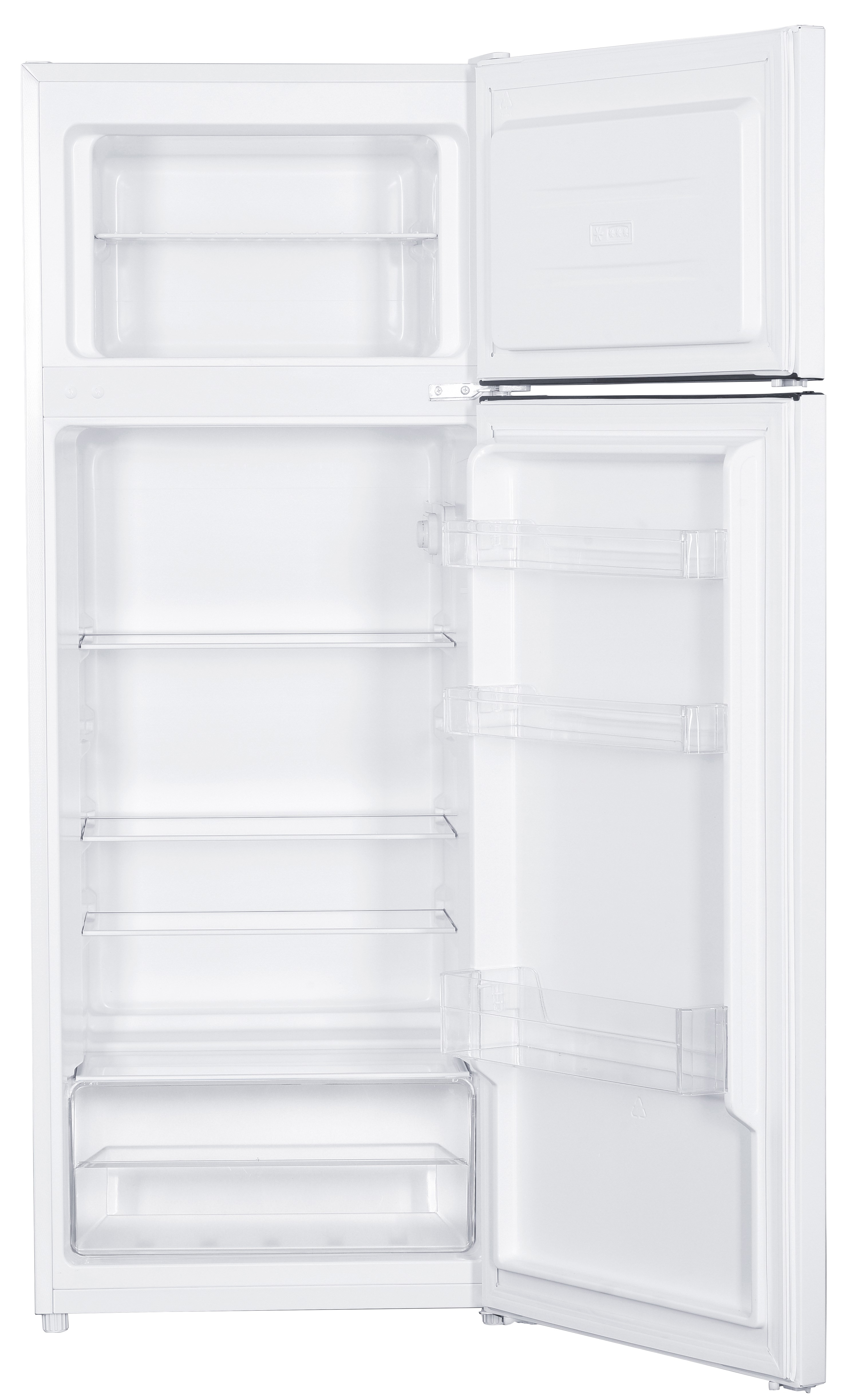 Ein weißer, geöffneter Kühlschrank mit leeren Glasregalen im Innenraum und transparenten Fächern in den Türen.