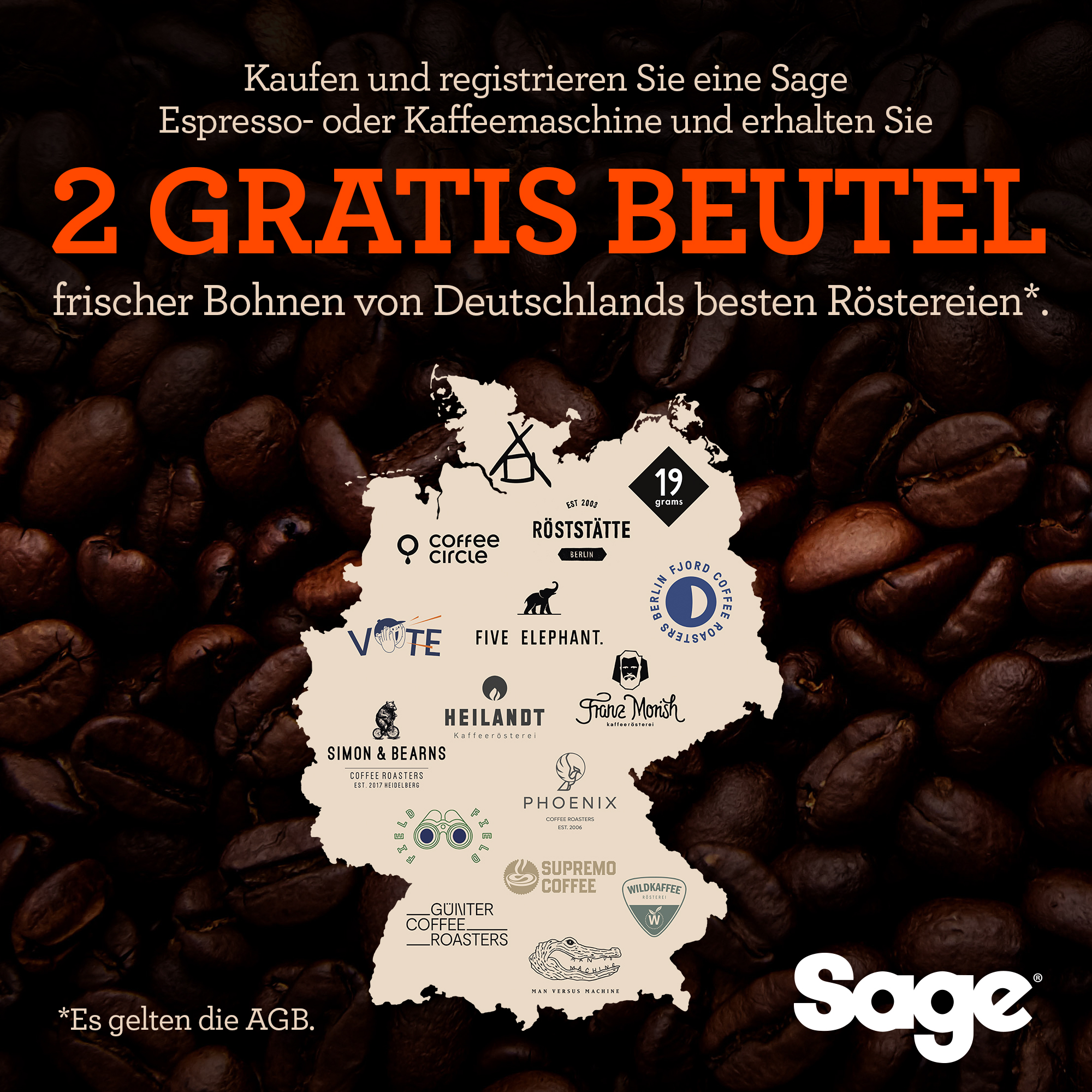 Promo per macchine da caffè Sage con 2 sacchetti di chicchi gratis e mappa della Germania con loghi di torrefazione.