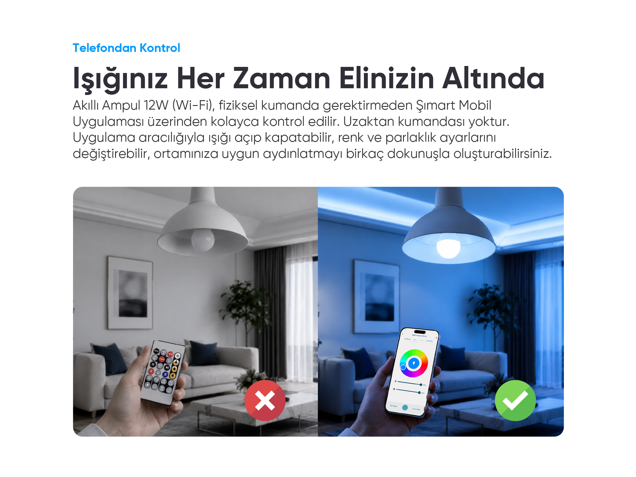 Karşılaştırma: solda kumandalı ve kırmızı çarpılı, sağda akıllı telefon uygulamalı ve yeşil tikli oturma odası.