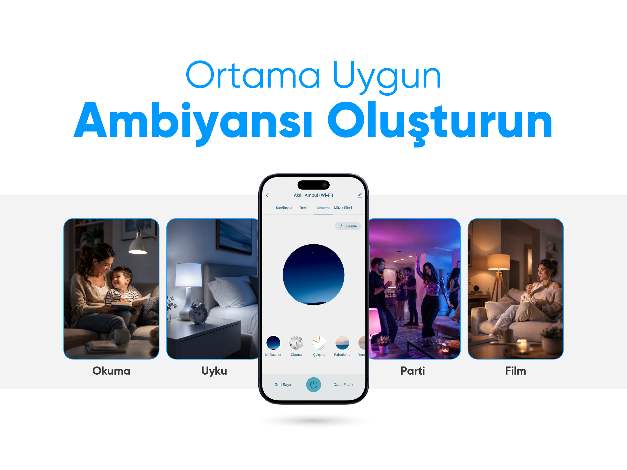 Bir akıllı telefon, farklı aktiviteler için oda aydınlatmalarını gösteren görsellerle çevrili bir uygulama sunar.