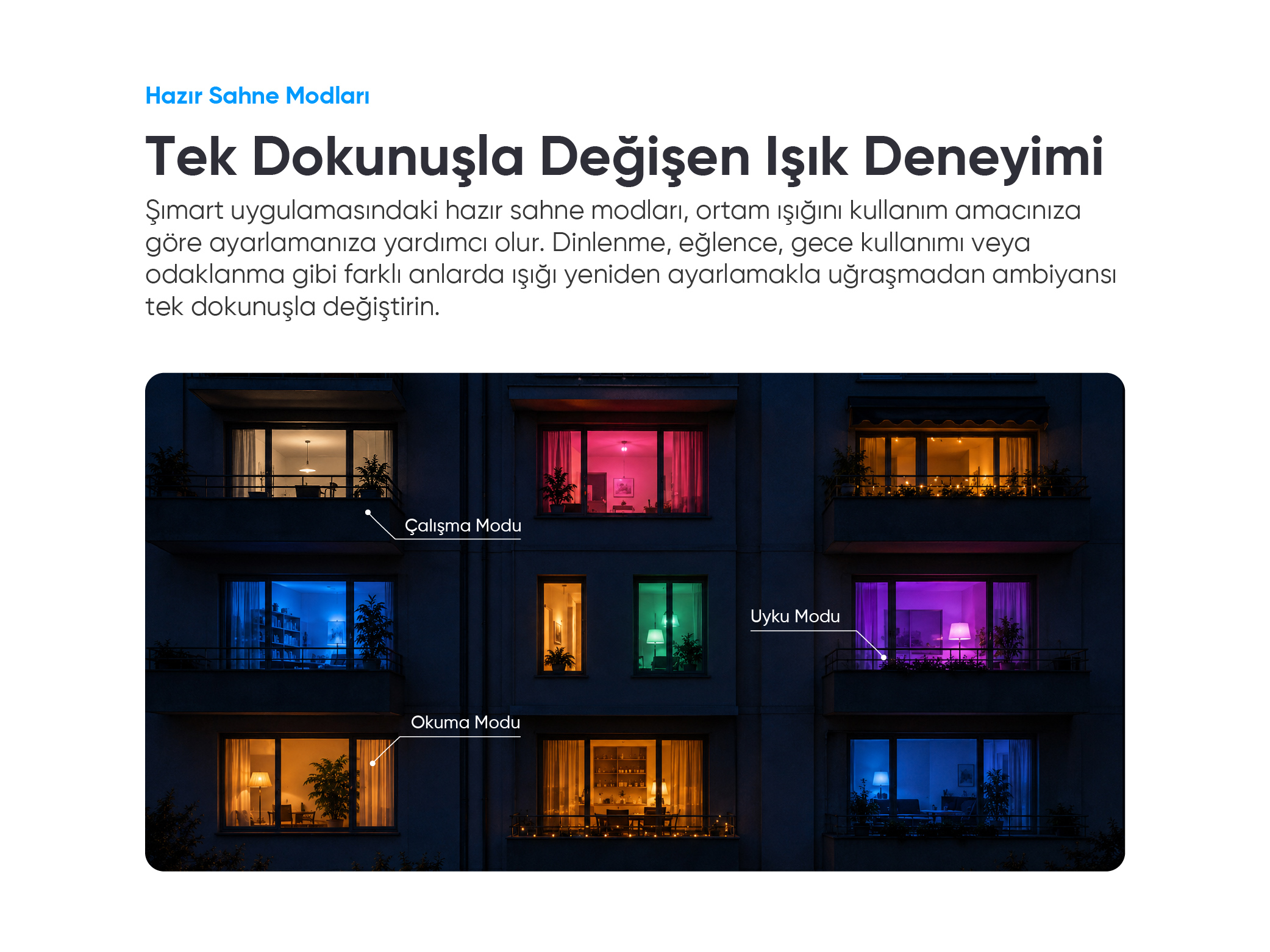 Farklı renklerde aydınlatılmış pencereleri olan gece vakti bir apartman ve üst kısımda Türkçe metin.