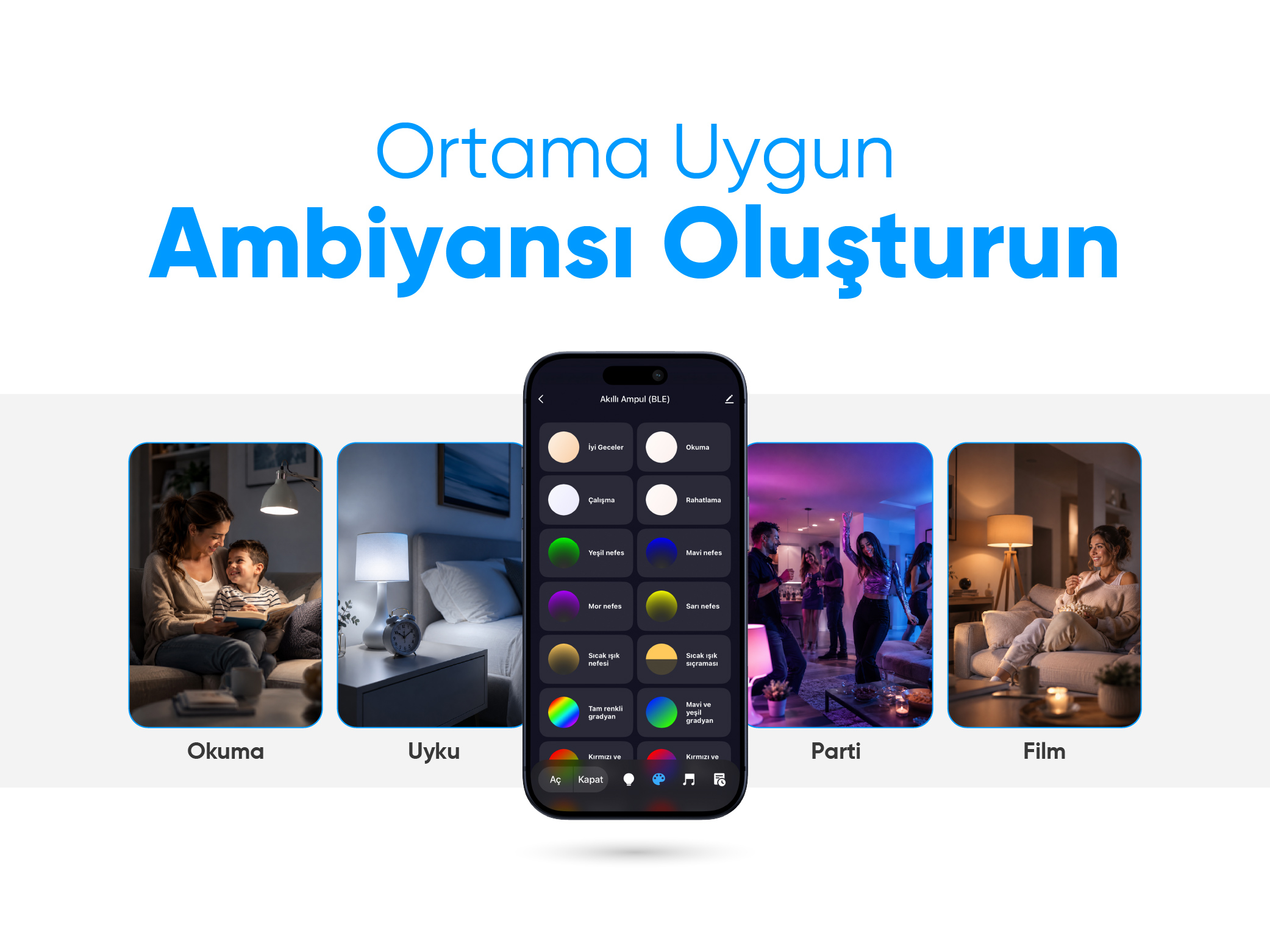 Akıllı telefon, okuma, uyku, parti ve film modları için önizleme sahneleri sunan aydınlatma uygulamasını gösterir.