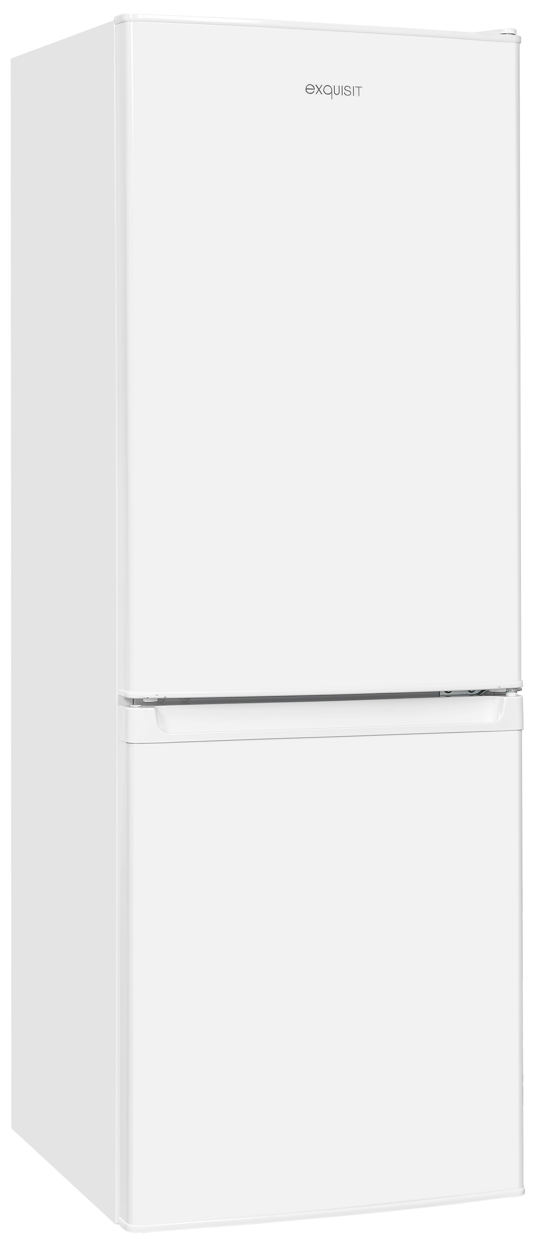 Ein weißer Exquisit Kühlschrank mit Gefrierfach unten auf weißem Hintergrund.