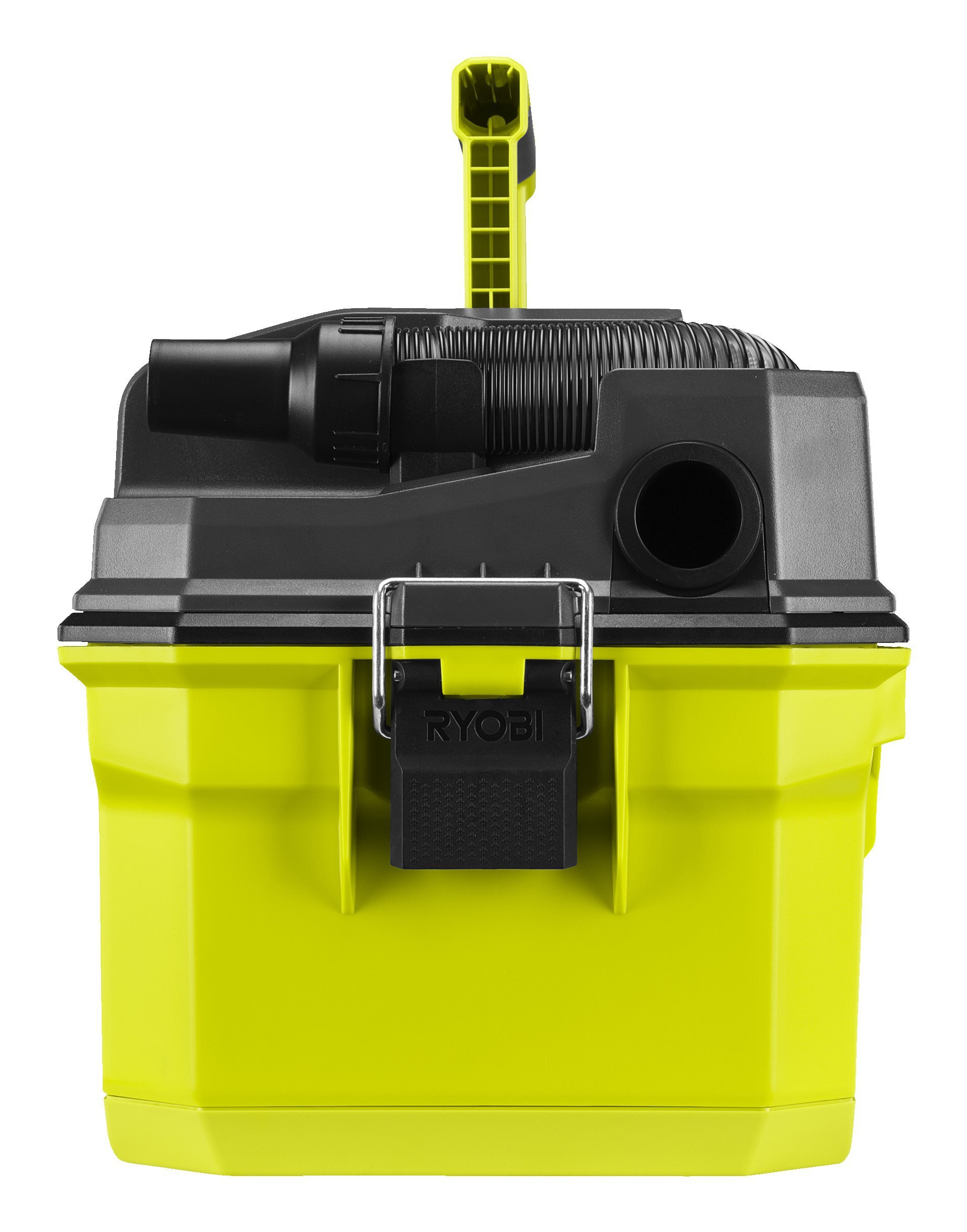 Un aspirapolvere a secco e umido Ryobi nero e verde lime con maniglia e tubo.