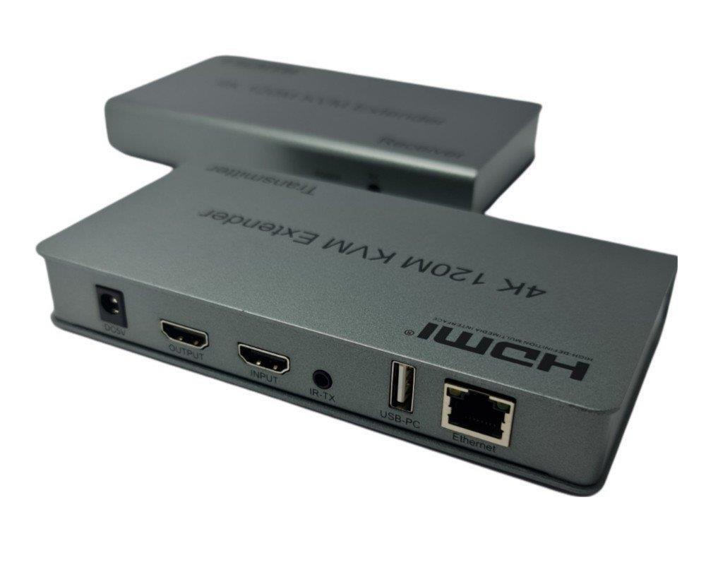 Beyaz bir yüzey üzerinde çeşitli portlara sahip iki adet gümüş renkli 4K KVM uzatıcı.