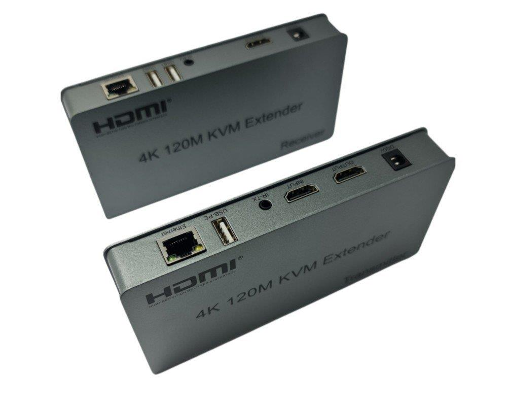 Beyaz arka planda HDMI, USB ve Ethernet bağlantı noktalarına sahip iki gri 4K 120M KVM Extender kutusu, alıcı ve verici.
