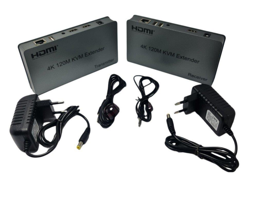 Beyaz arkaplanda verici, alıcı, iki güç adaptörü ve iki kablo içeren 4K 120M KVM uzatıcı seti.