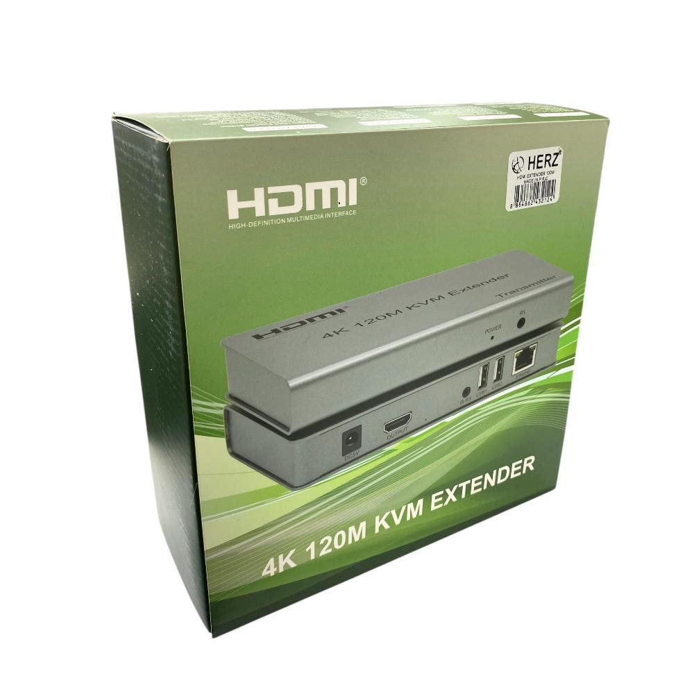 Ürün görseli ve HDMI logolu 4K 120M KVM Extender'ın yeşil kutusu.