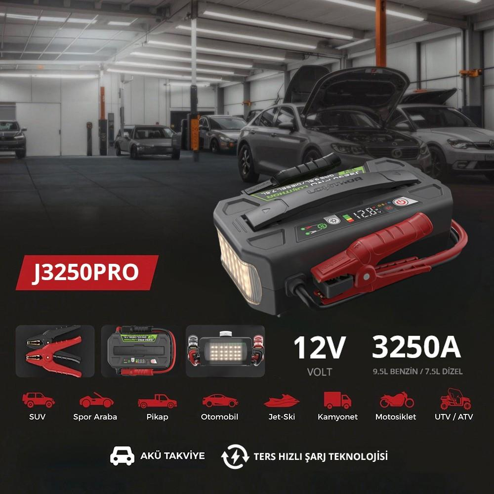 Garajda kırmızı maşalı ve dijital ekrana sahip J3250PRO akü takviye cihazı.