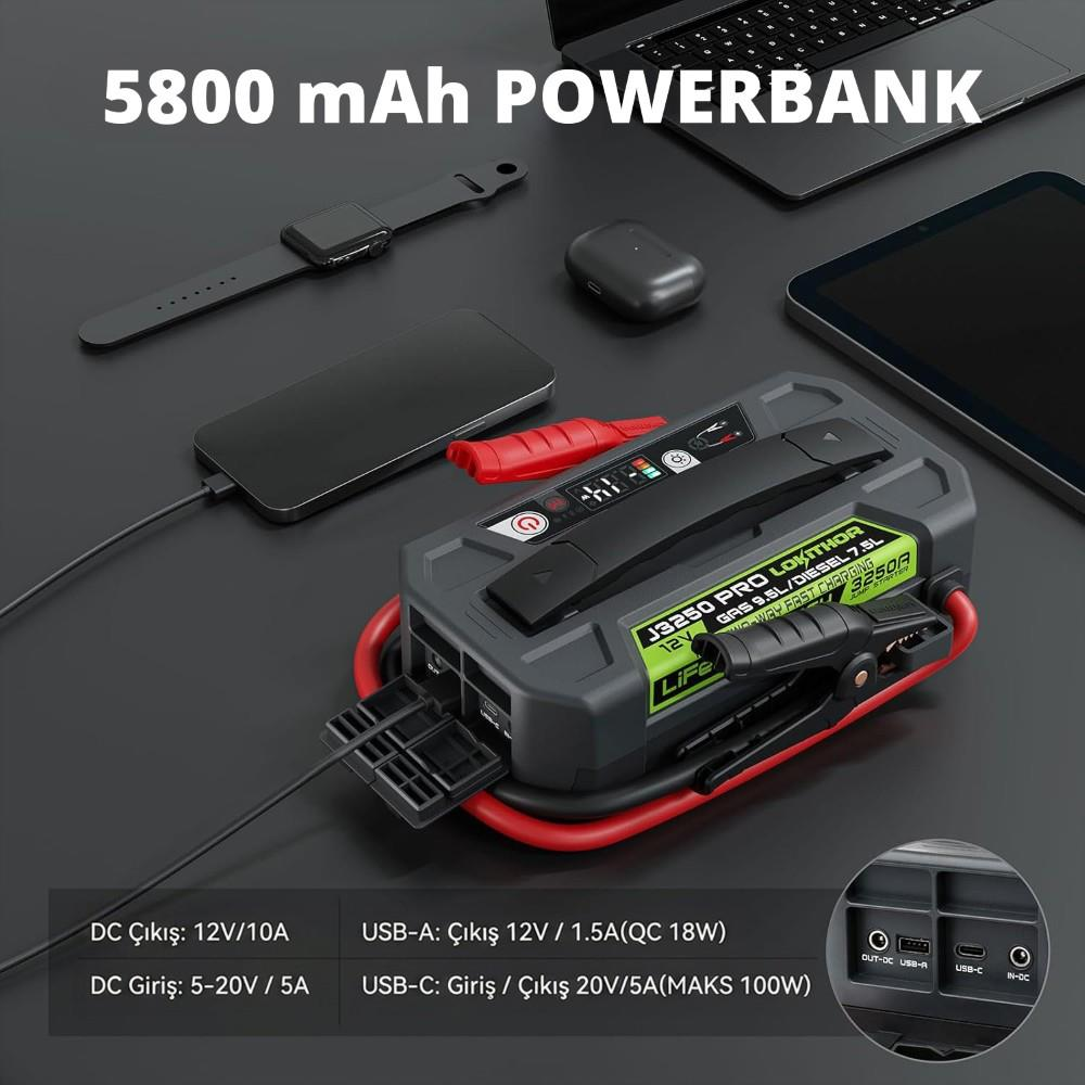 Elektronik cihazlar ve teknik metin detaylarıyla masada duran gri 5800 mAh taşınabilir şarj cihazı.