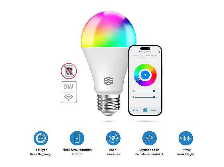 ŞIMART Wi-Fi 16M Renk, Uzaktan Kontrol ve Sesli Asistan Uyumlu RGB Akıllı LED Ampul