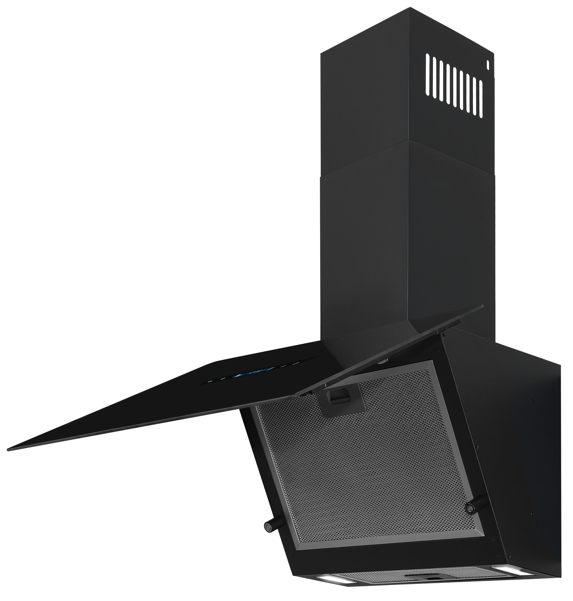 Eine moderne schwarze Wand-Dunstabzugshaube mit Glasschirm und sichtbarem Gitterfilter.