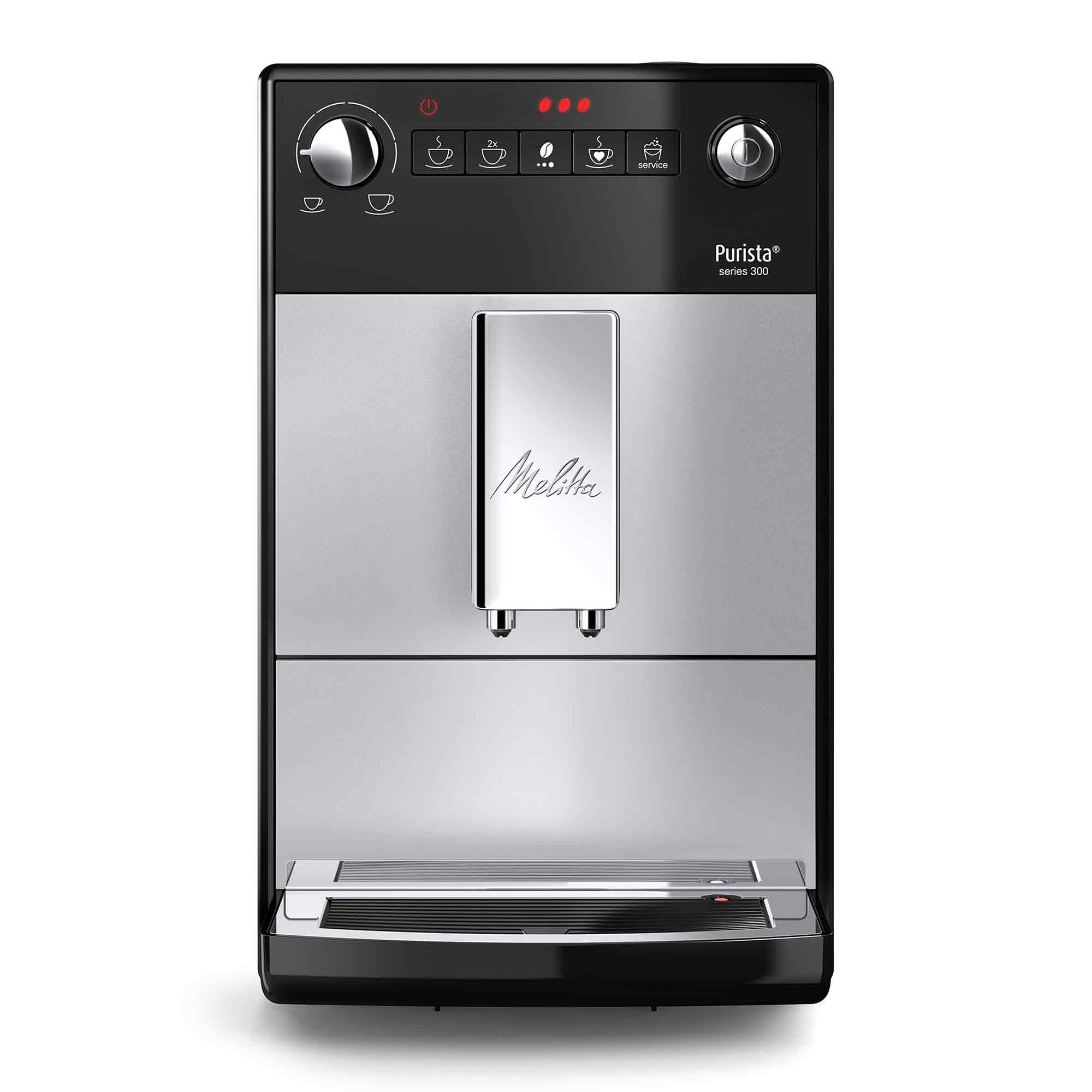 Zwarte en zilveren Melitta Purista Series 300 koffiemachine met knoppen en dispenser aan de voorkant.
