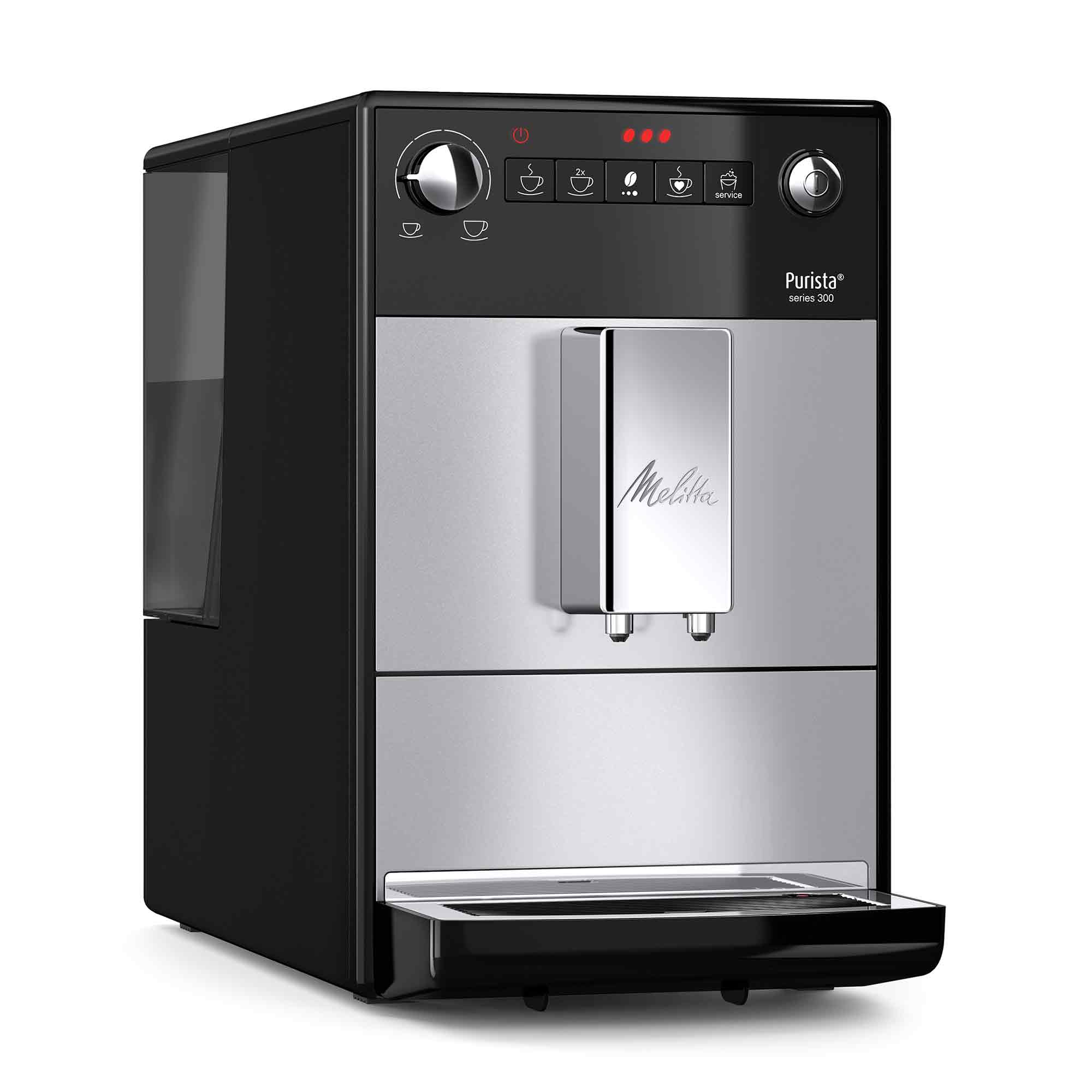 Een zwarte en zilveren Melitta Purista koffiemachine met bedieningselementen bovenop.