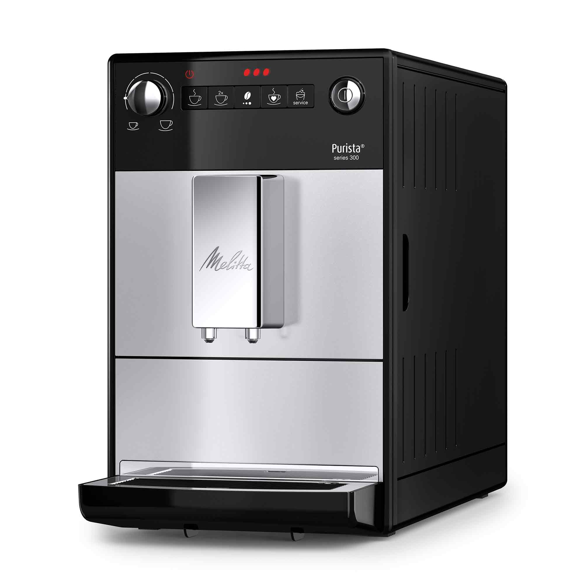 Zwarte en zilveren Melitta Purista Series 300 volautomatische koffiemachine met bedieningspaneel.