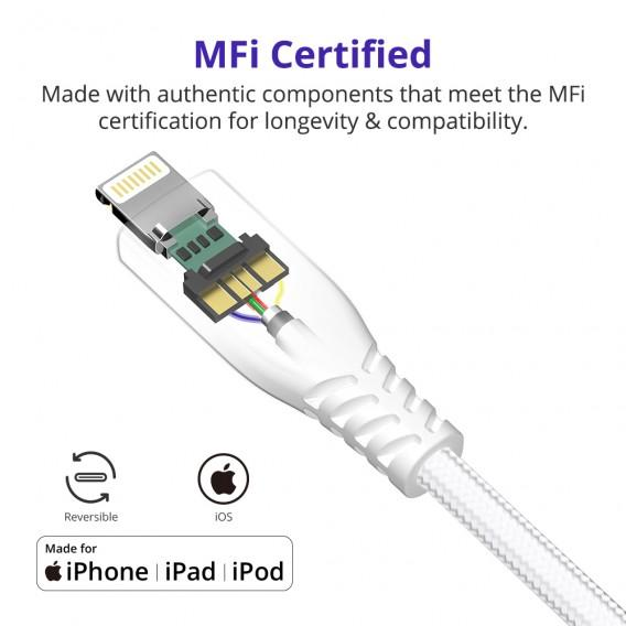 İç bileşenlerin şeffaf görünümüne sahip, Apple uyumlu MFi sertifikalı şarj kablosu.
