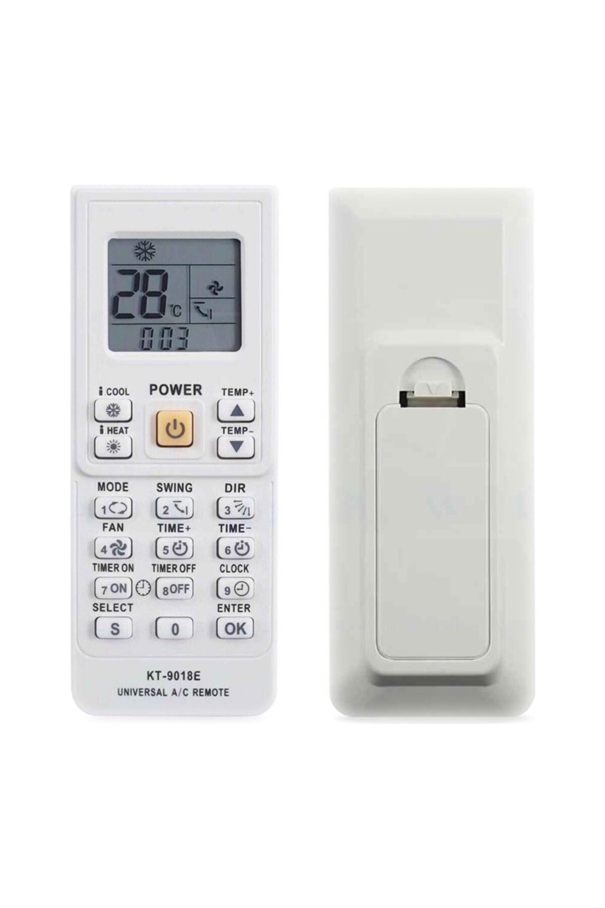 LCD ekranlı ve tuşlu beyaz KT-9018E üniversal klima kumandası.