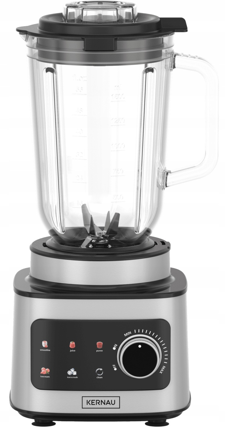 Srebrno-czarny blender Kernau z dużym szklanym dzbankiem i pokrętłem sterującym na białym tle.