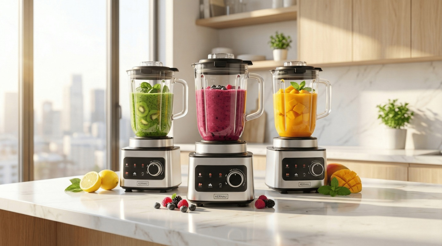 Trzy srebrne blendery z zielonym, czerwonym i żółtym smoothie stoją na marmurowym blacie kuchennym.