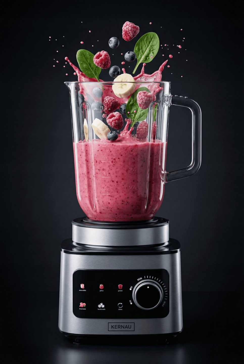 Srebrny blender miksuje świeże jagody, banany i szpinak w różowym płynie.