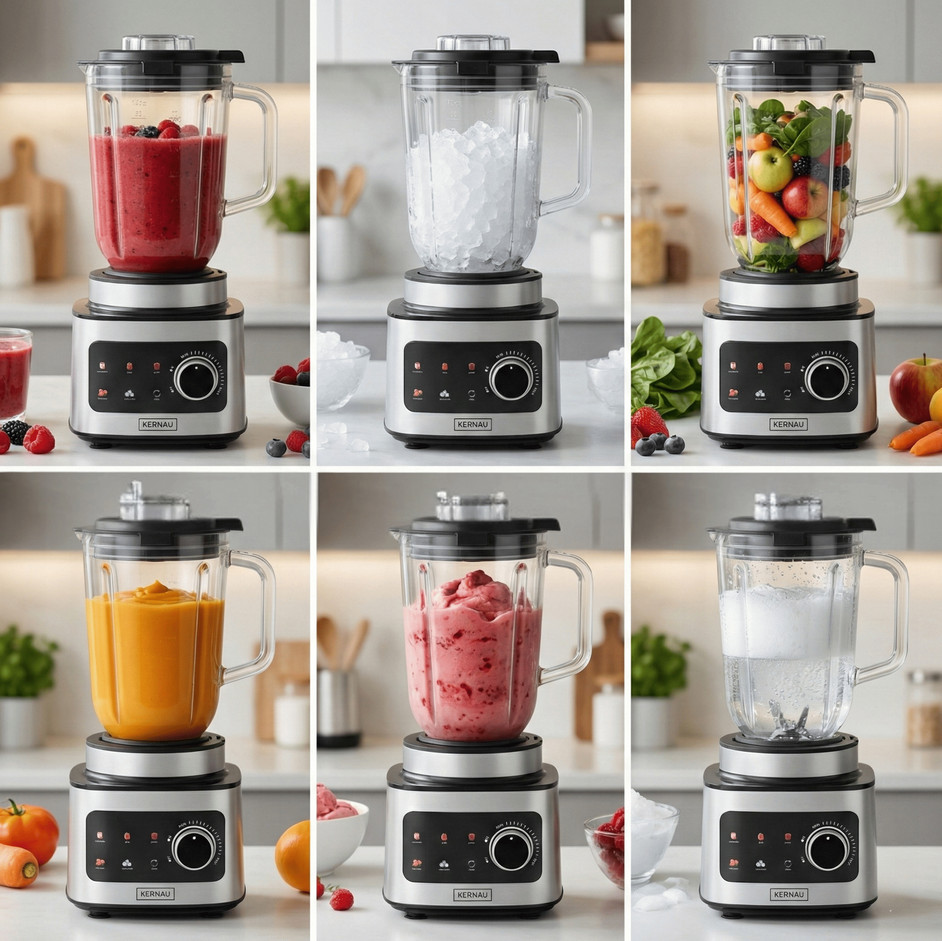 Srebrno-czarny blender pokazany z różnymi składnikami, takimi jak smoothie, lód, warzywa i woda z mydłem w kuchni.
