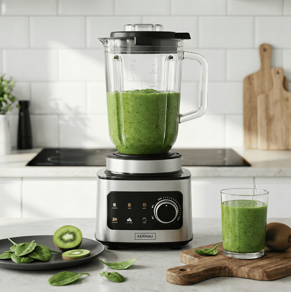 Blender z zielonym smoothie w kuchni, obok kiwi i szpinak.