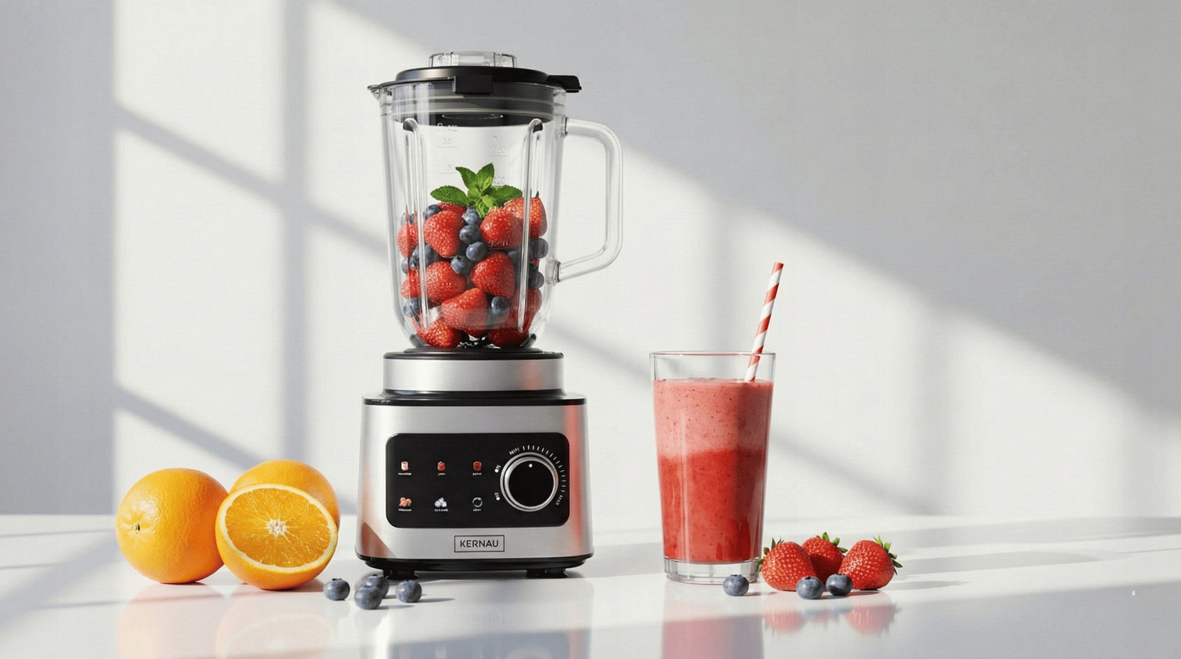 Srebrny blender z truskawkami i jagodami, obok pomarańcze, szklanka smoothie i świeże owoce leśne.