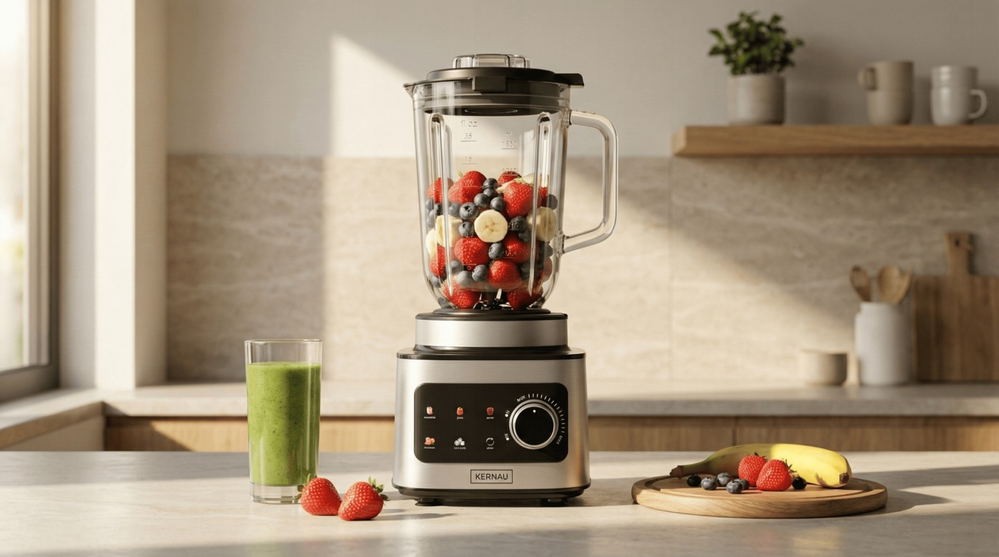 Srebrny blender wypełniony truskawkami, jagodami i bananami stoi na blacie kuchennym obok zielonego smoothie.