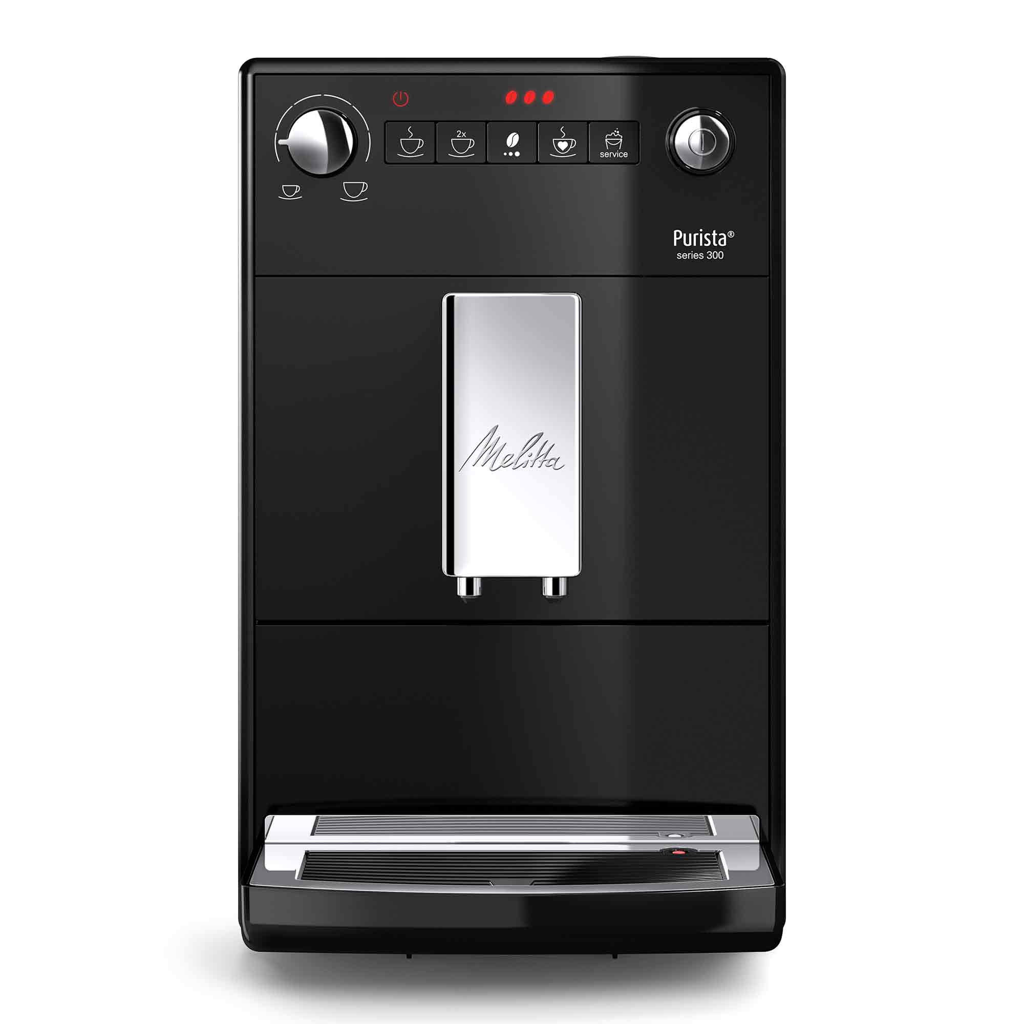 Macchina da caffè automatica Melitta Purista 300 nera con dettagli cromati e pulsanti.
