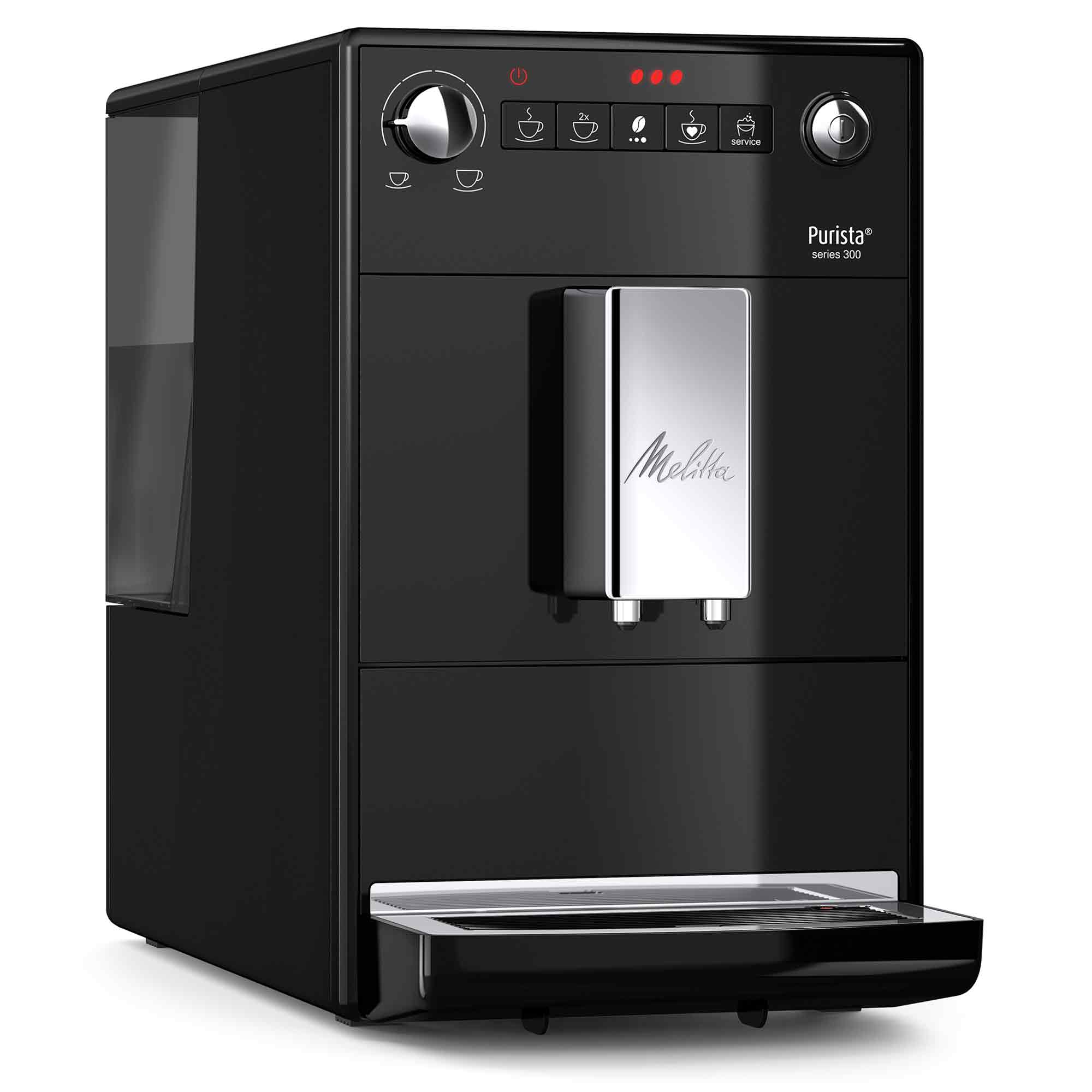 Macchina da caffè nera Melitta Purista serie 300 con erogatore cromato su sfondo bianco.