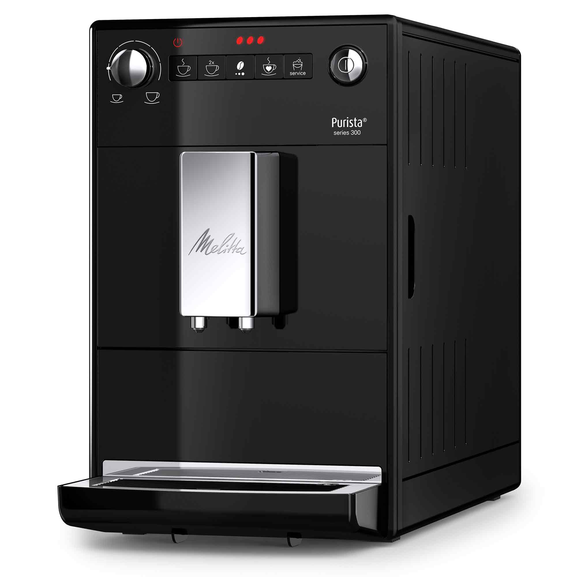 Una macchina da caffè nera Melitta Purista serie 300 con dettagli cromati su sfondo bianco.