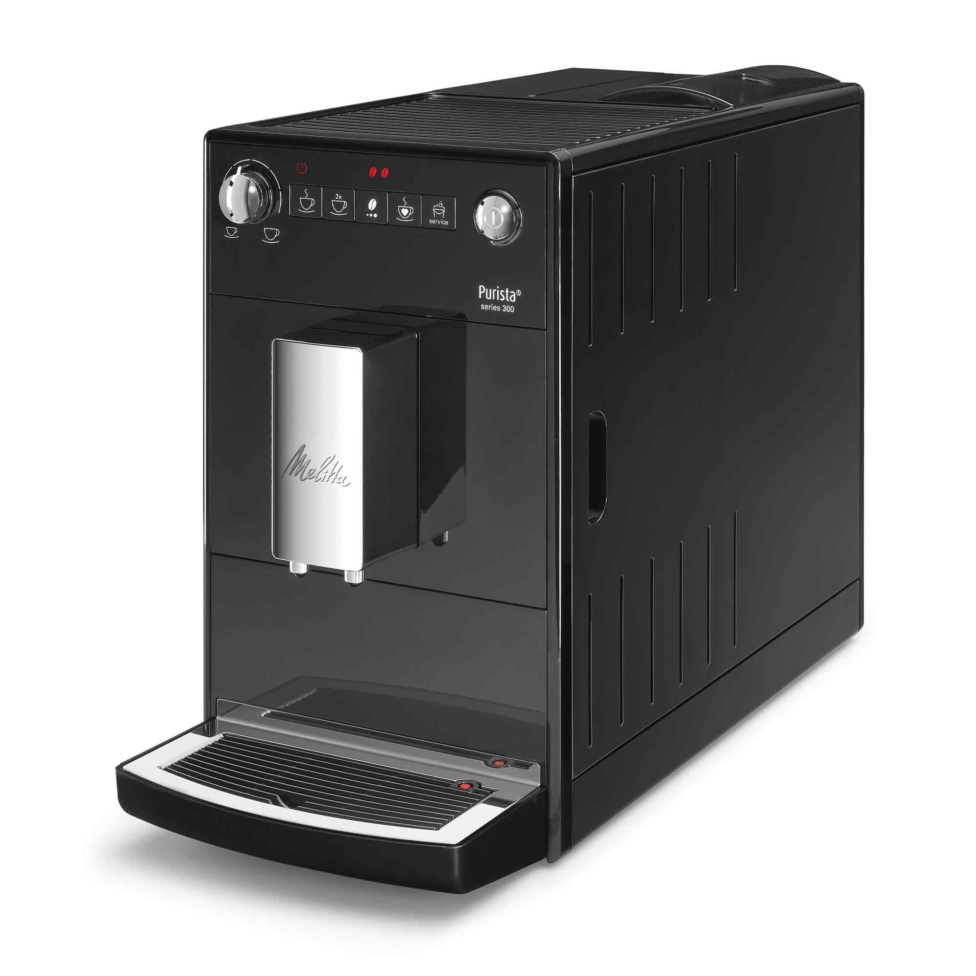 Macchina da caffè nera Melitta Purista series 300 con erogatore argentato e vassoio raccogligocce su sfondo bianco.
