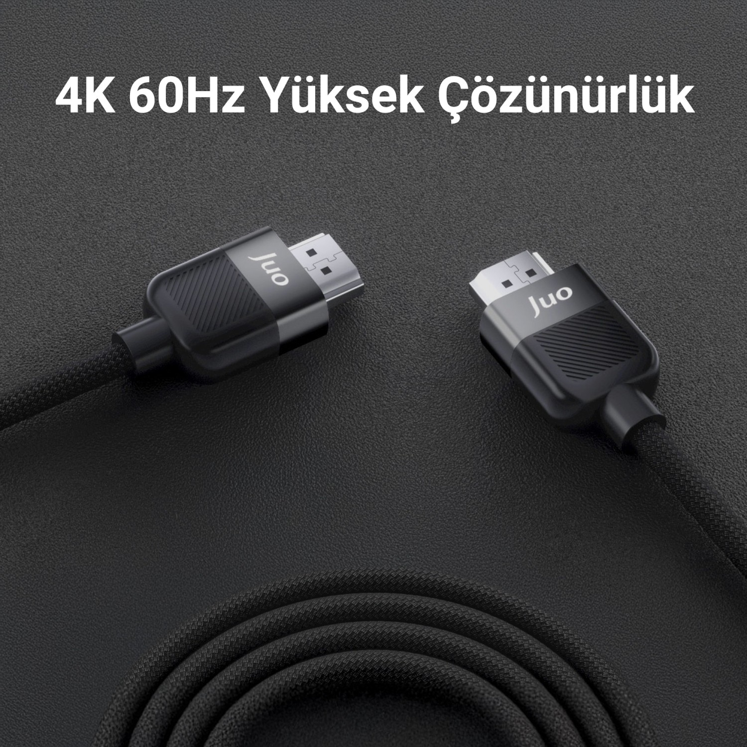 Juo logolu ve 4K 60Hz Yüksek Çözünürlük yazılı iki siyah HDMI kablosu.