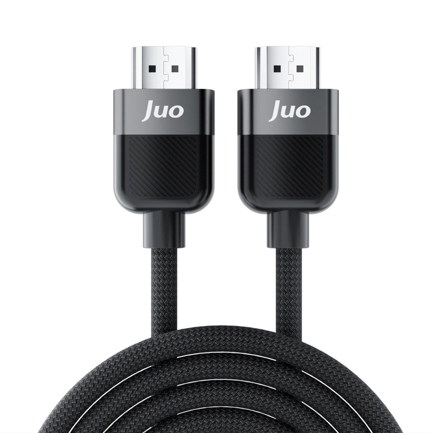 Gümüş konnektörlerinde Juo logosu bulunan iki siyah HDMI kablosu, beyaz arka planda kıvrılmış.