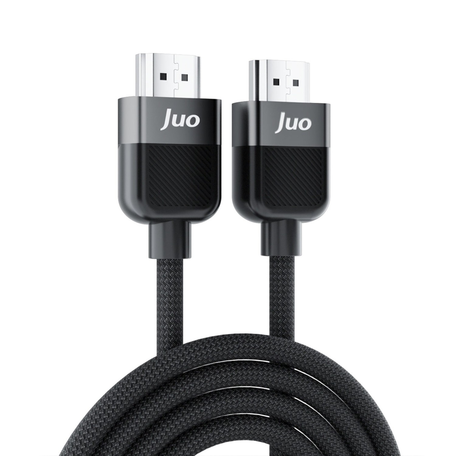 Beyaz arka planda örgülü kaplamalı ve metal konnektörlü iki siyah Juo HDMI kablosu.