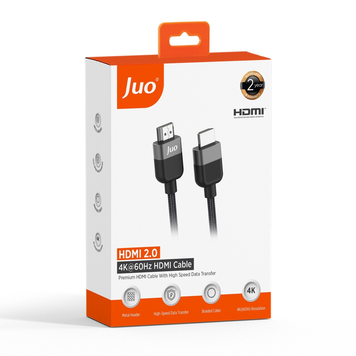 Örgülü kablo ve metal başlığa sahip Juo HDMI 2.0 4K 60Hz kablo ambalajı.