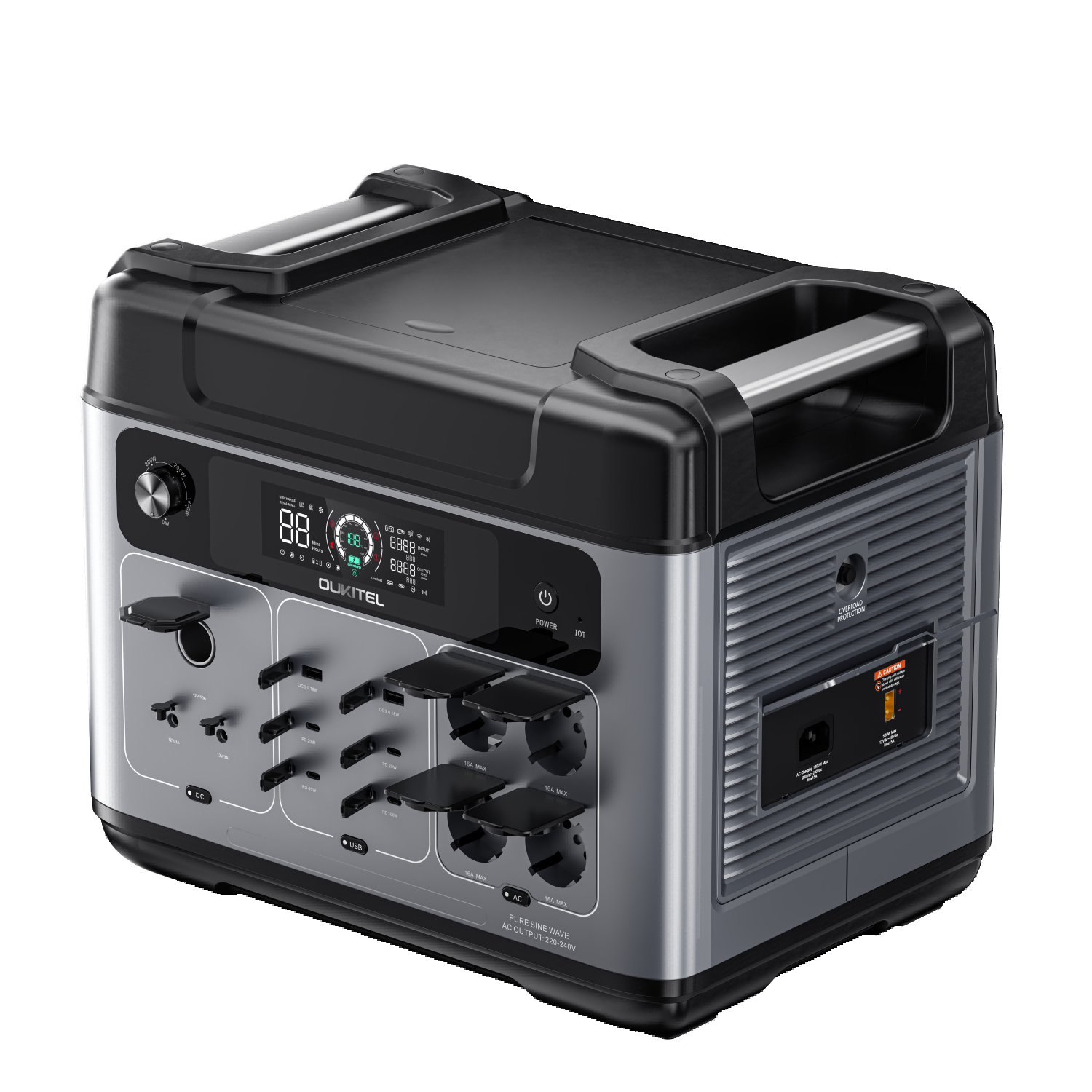 Tragbares Kraftwerk in Silber und Schwarz mit LCD-Display, Steckdosen und USB-Anschlüssen auf schwarzem Hintergrund.