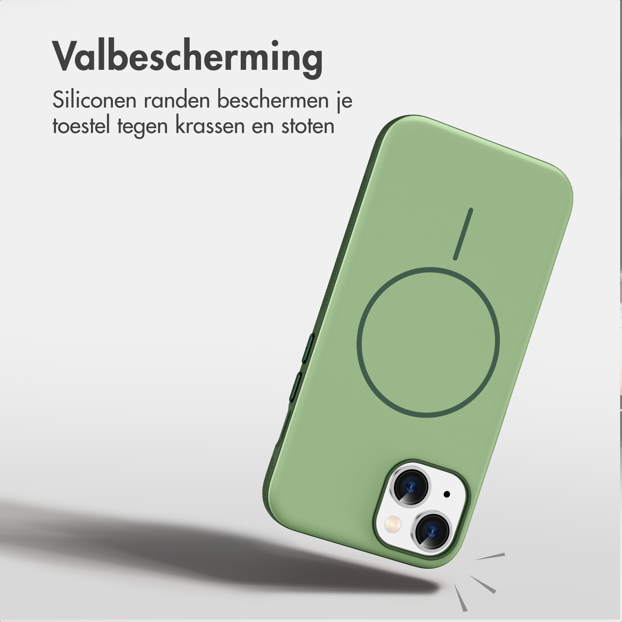Grüne Handyhülle mit MagSafe-Ring und Kameraausschnitt auf hellem Hintergrund mit Text.