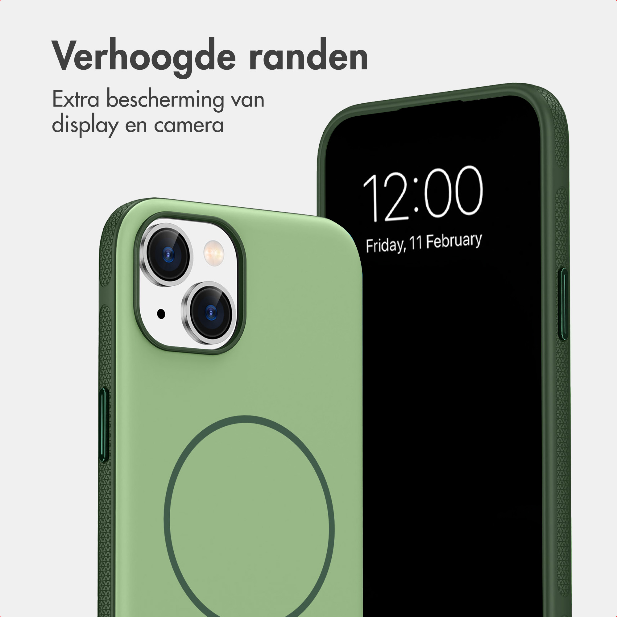 Zwei grüne Smartphone-Hüllen auf weißem Hintergrund mit niederländischem Text über erhöhte Ränder und Kameraschutz.
