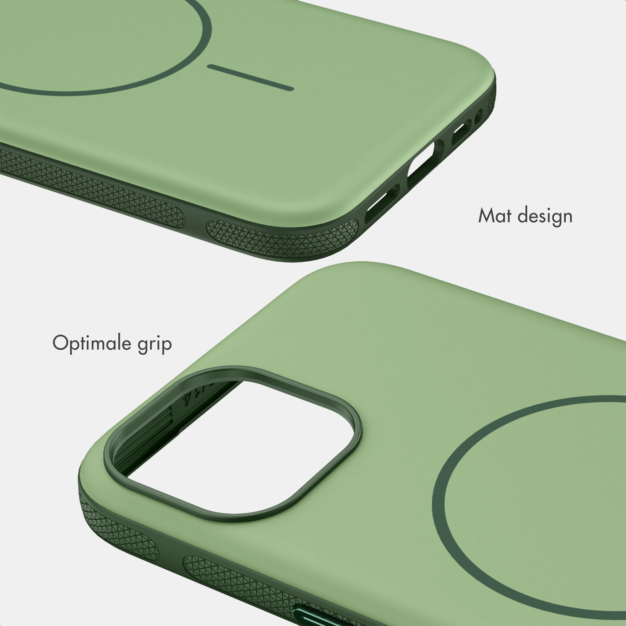 Zwei Ansichten einer grünen Handyhülle mit mattem Finish, strukturierten Griffflächen und Kameraausschnitt.
